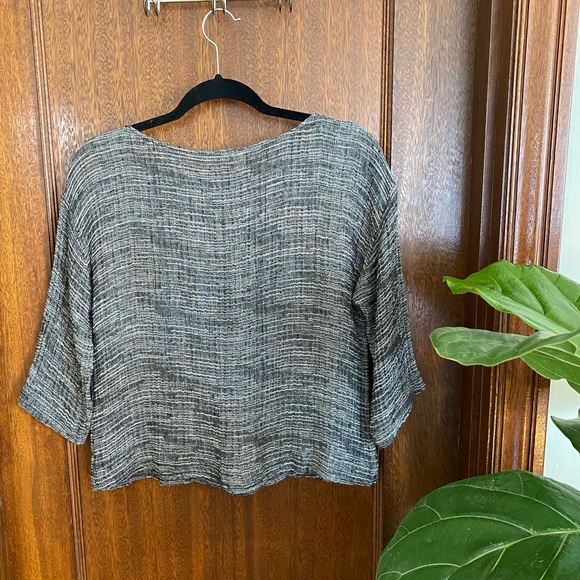 Eileen Fisher Three Quarter Sleeve Gauze Weave Boxy Top - Black/White - Small - Picture 3 of 9